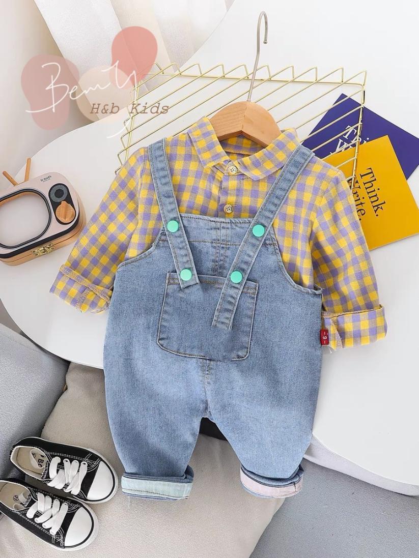 Set yếm jeans áo sơ mi rời
