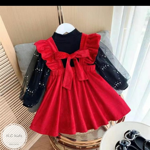 Set váy nhung áo rời tay phồng thắt nơ đỏ